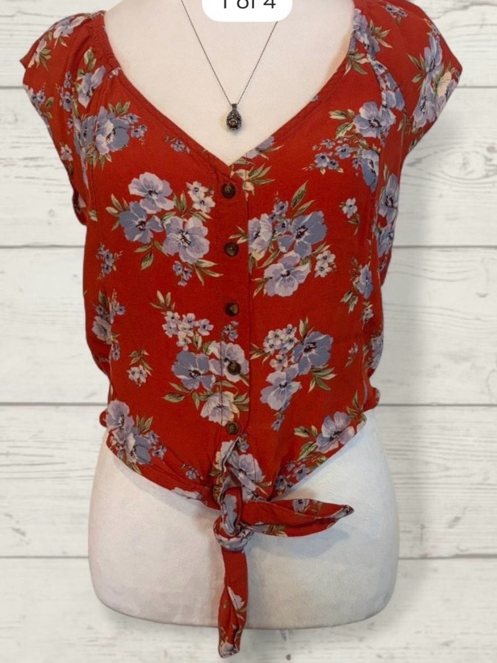 American Eagle Outfitters orange Floral Button-Tie V-Neck Crop tie front Blouse